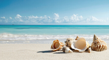 Seashells scattered on soft sand along peaceful beach, with gentle waves lapping at shore, create serene coastal scene