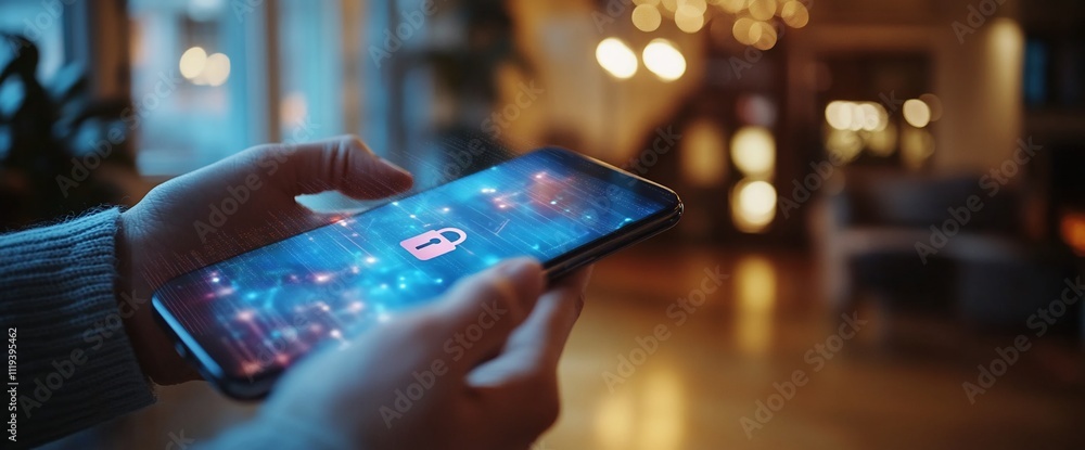 Poster person using smartphone with digital security interface.