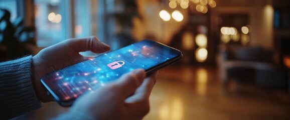 Person using smartphone with digital security interface.