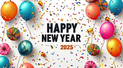 3D illustration of colorful balloons, flowers, and confetti around the inscription "HAPPY NEW YEAR 2025" in bright colors on a white background, with 2025 numbers and space for text. Ai