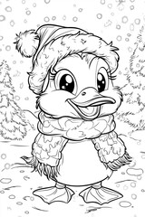 Cute duckling wearing a scarf and hat ready for winter activities in a snowy landscape