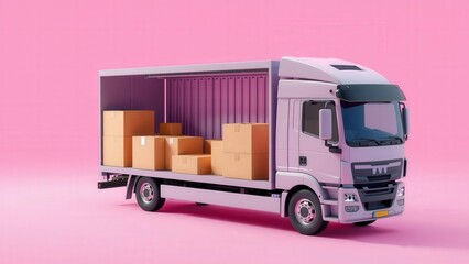 Modern Delivery Truck with Cardboard Boxes on Pink Background - Ideal for Logistics, Shipping, and E-commerce Promotions
