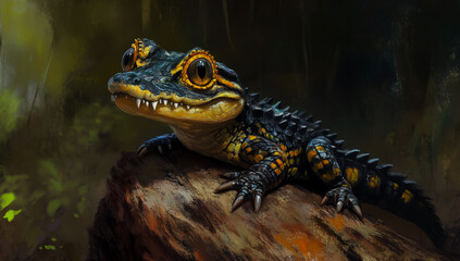 Fototapeta premium A baby crocodile with its head tilted to the side, sitting on top of a tree trunk in nature
