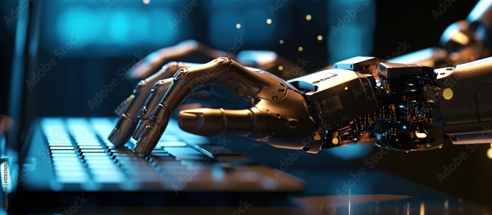 Poster robotic hand typing on laptop keyboard in futuristic setting