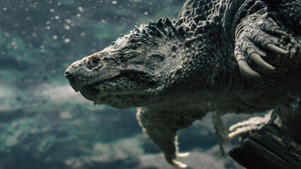 Obraz premium big cayman turtle swims underwater close up