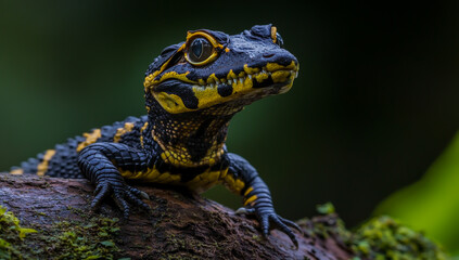 Naklejka premium A baby crocodile with its head tilted to the side, sitting on top of a tree trunk in nature
