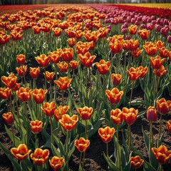 A garden of tulips in every color imaginable under a spring sky.