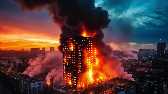 Massive fire engulfs high-rise building at sunset in urban area