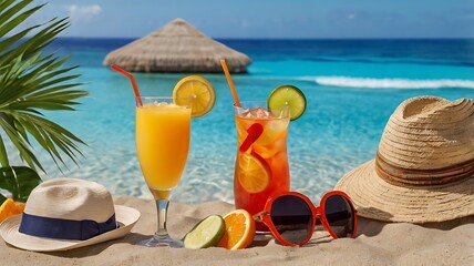 Tropical Beach Cocktails Sun Hats And Sunglasses