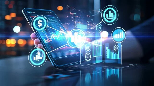 Hand holding smartphone displaying digital graphs and analytics, modern data visualization concept.