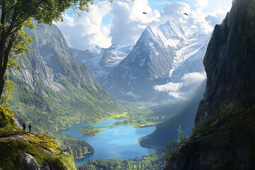 Obraz premium mountain valley with a serene blue lake at its center. Snow capped peaks in the background partially shrouded by clouds