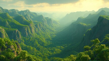 Fototapeta premium Lush green mountain valley at sunset.