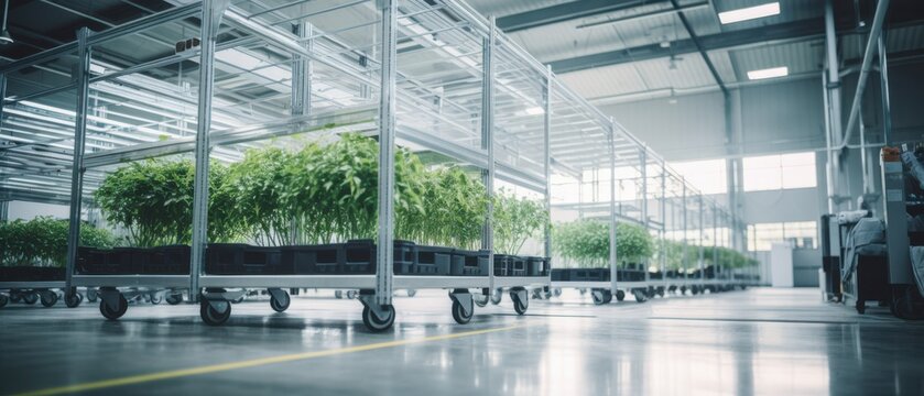 A spacious industrial facility with plant trolleys holding vibrant green plants under bright, white lighting, showcasing modern agriculture.