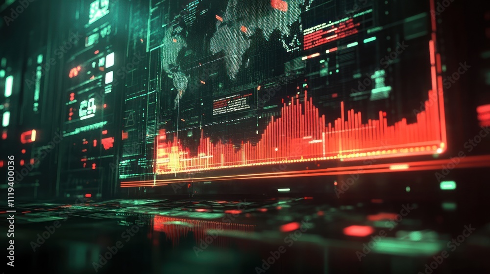 Poster futuristic digital interface displaying global data, stock market graphs, and world map with red and