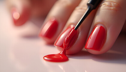 Obraz premium Close-up of a hand applying red nail polish on well-manicured nails for beauty and style