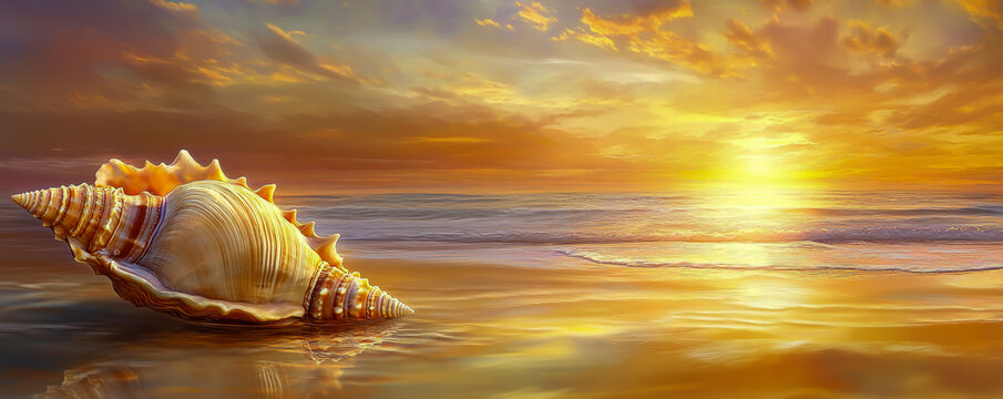 A beautiful conch shell on the beach with the sun setting in the background