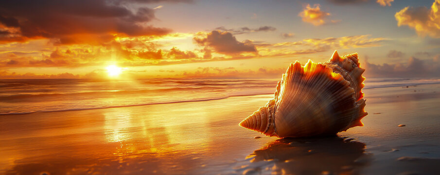 A beautiful conch shell on the beach with the sun setting in the background