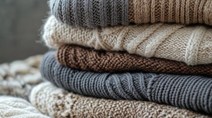 Cozy knitted textures: a stack of sweaters in neutral tones for winter warmth