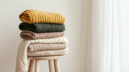 Cozy knitted woolen blankets in warm earth tones on a wooden stool by a light curtain