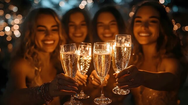 Four women are holding up their champagne glasses, smiling