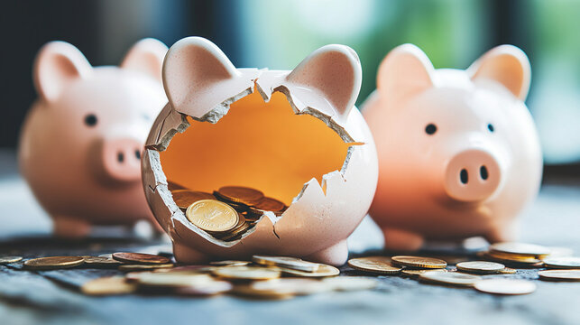 Broken piggy bank with coins scattered around, symbolizing financial struggle and the need for careful budgeting and saving.