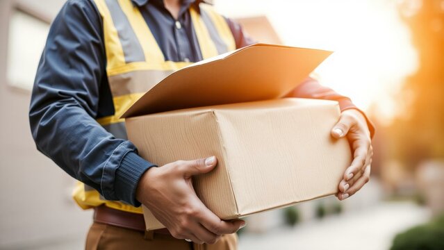 Professional Delivery Worker Holding Package, Ideal for Logistics, Shipping, and E-commerce Marketing