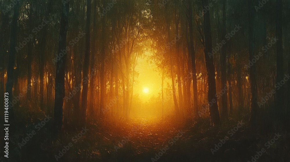 Poster sunbeams illuminating a mysterious path through a dense, foggy forest at sunset.