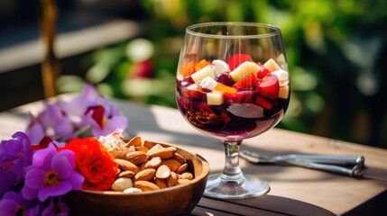 Naklejka premium A refreshing glass of vibrant summer sangria filled with fresh fruit and surrounded by colorful blooms invokes a sense of joy and summer indulgence.