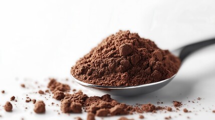 Studio shot of cocoa powder placed in a shiny metal spoon on a clean white background. The cocoa powder has a rich texture, emphasizing the contrast between the dark cocoa and the light background.