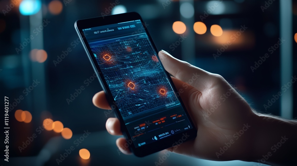 Poster hand holding smartphone displaying futuristic interface with data analysis and glowing elements at n