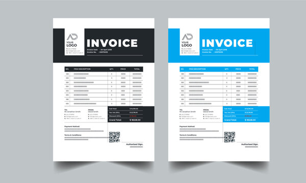 Business invoice template. Money bills, Price invoices, Tax form, Payment agreement, Bill or Payment receipt page layout design with 2 page color full concept design
