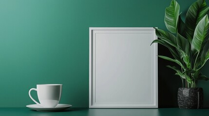 Stylish minimalist decorframed art modern interior green background coffee cup contemporary concept for home styling