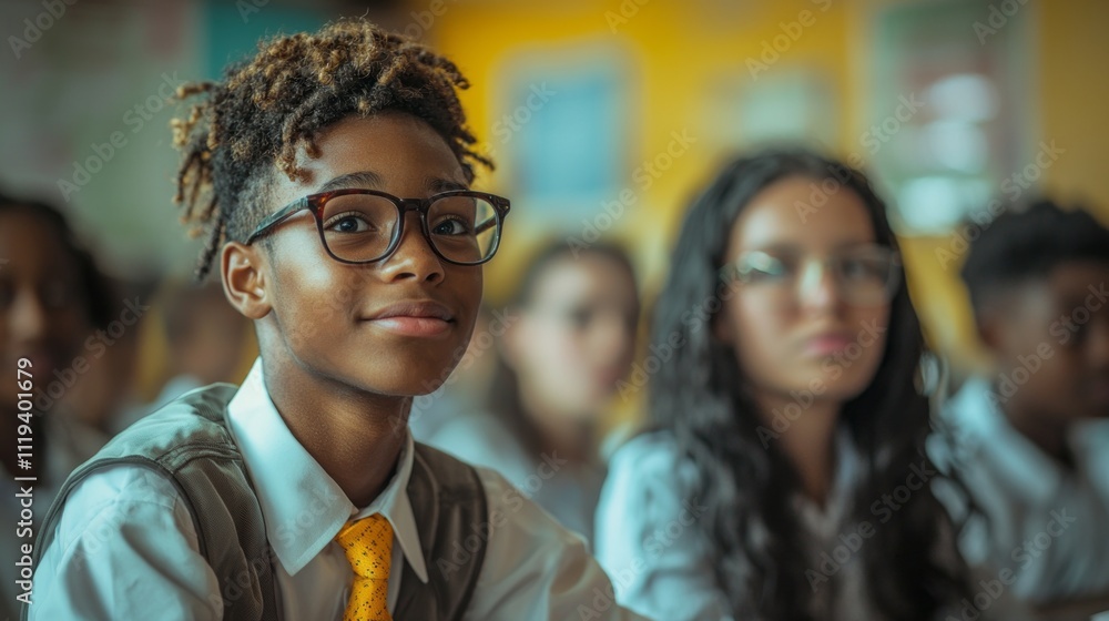 Poster Young group of Gen Z students actively participating in a classroom setting, showcasing their enthusiasm for learning while sitting in neat rows, ready to engage