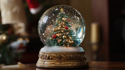 A charming snow globe featuring a beautifully lit Christmas tree, encircled by glittering snow and colorful ornaments.