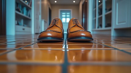 Fototapeta premium A pair of polished leather shoes are neatly arranged on a glossy tiled floor, reflecting light and showcasing sophistication and timeless style.