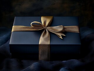 opulent gift box in deep midnight blue, adorned with luxurious gold ribbon. dramatic lighting and rich textures evoke mystery and anticipation of special occasion, Generative Ai