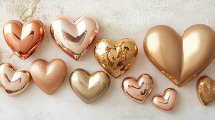 A collection of metallic rose gold and gold heart decorations, styled on a smooth and light-colored surface