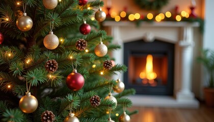 Natural Christmas Tree Decorated with Rustic Ornaments, Pinecones, and Twinkling Lights.