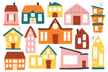 Set of houses in boho style. Vector collection of clip arts with houses in hand-drawn style. Isolated simple houses.