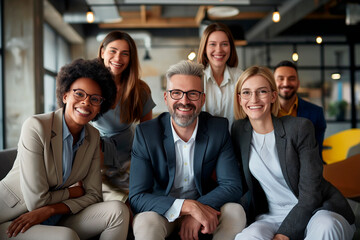 Obraz premium Portrait group of business professionals happy and smiling and sitting together in office, demonstrating a positive work environment