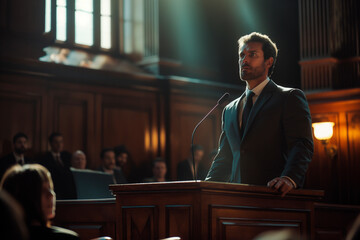 court of justice and law trial, accused of a crime public defender presenting case, making passionate speech to judge