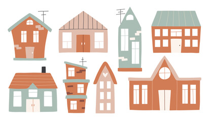 Set of houses in boho style. Vector collection of clip arts with houses in hand-drawn style. Isolated simple houses.