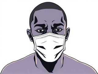 A man wearing a white mask with a black face