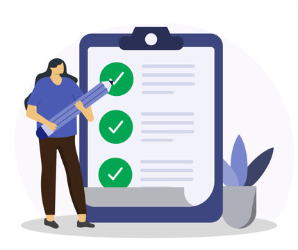 Business woman marks on the to-do list with giant pencil. Survey document. Checklist form for feedback or questionnaire pool. Flat vector illustration. 