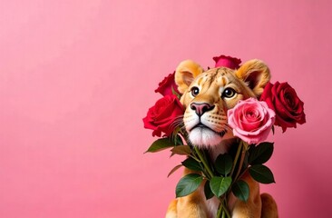 Happy Valentine's Day greeting card with lion in bouquet of red and pink roses. Flowers and wild animal on pink background. Funny advertising banner, poster. Space for text, copy space
