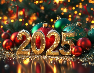 Christmas tree with gold ornaments and decorations for new year celebration