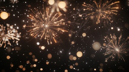 Fototapeta premium A close-up shot of sparkling fireworks bursting in midair, illuminating the night sky against a dark solid background, with a lot of empty space for text.