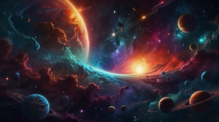 Naklejka premium Illustrate a colorful cosmic scene filled with swirling nebulae, bright stars, and planets of varying sizes, evoking a sense of wonder and infinity