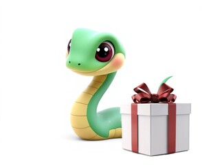 Fototapeta premium A green snake is holding a white box