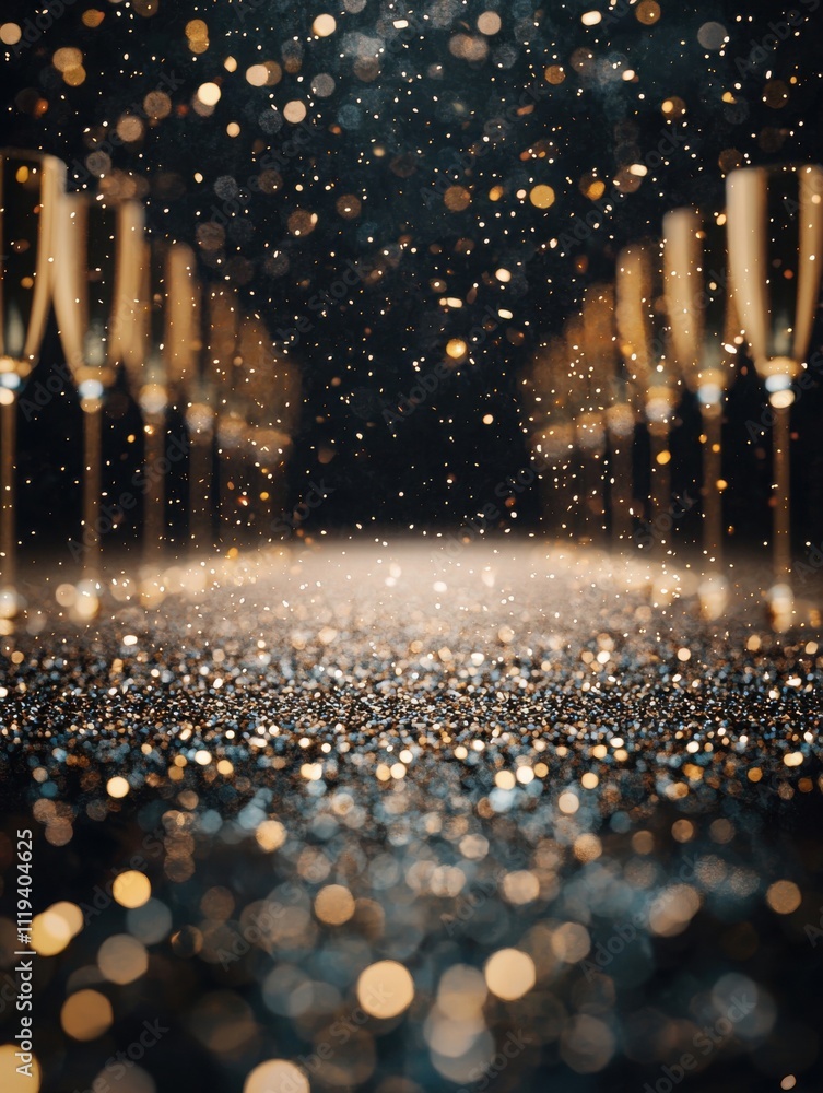 Poster a mesmerizing scene of sparkling champagne flutes amidst shimmering bokeh lights, creating a festive
